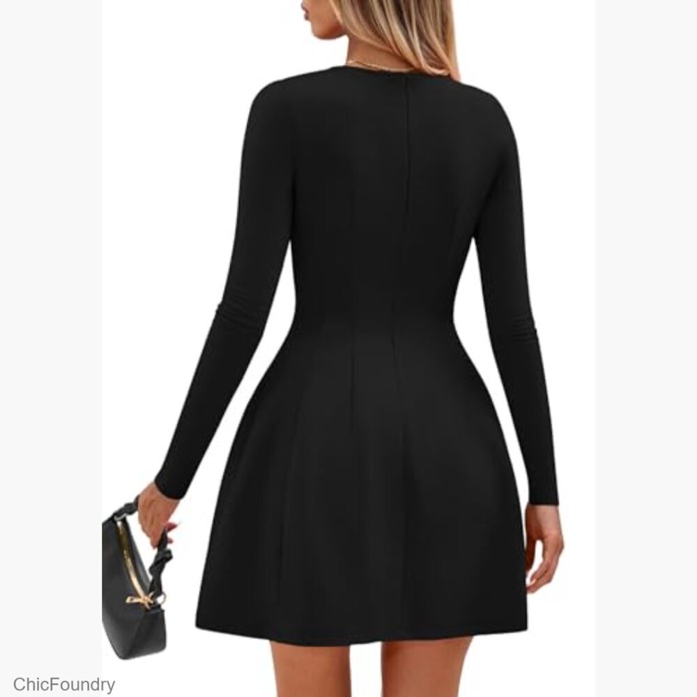 Long Sleeve Mini Knit Dress A-Line Babydoll Pleated Party Casual - Picture 5 of 7